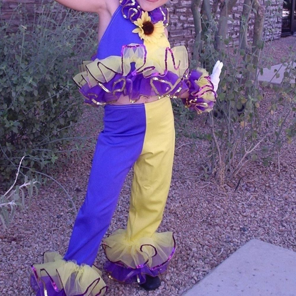 Yellow sunflower and purple dance clown outfit. The applause Dance creations.